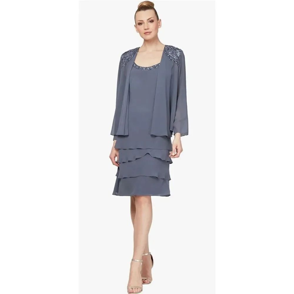 S.L. Fashions Women's Tiered Jacket Dress with Shoulder Embellishment 6P